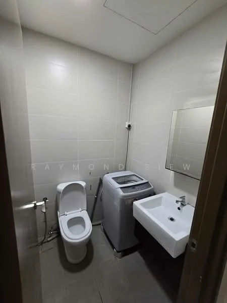 Bathroom features: white tiled walls, grey tiled flooring, one-piece toilet, single-sink vanity with white cabinet, mirror above sink, washing machine, wall-mounted faucet, ceiling light; style: modern.
