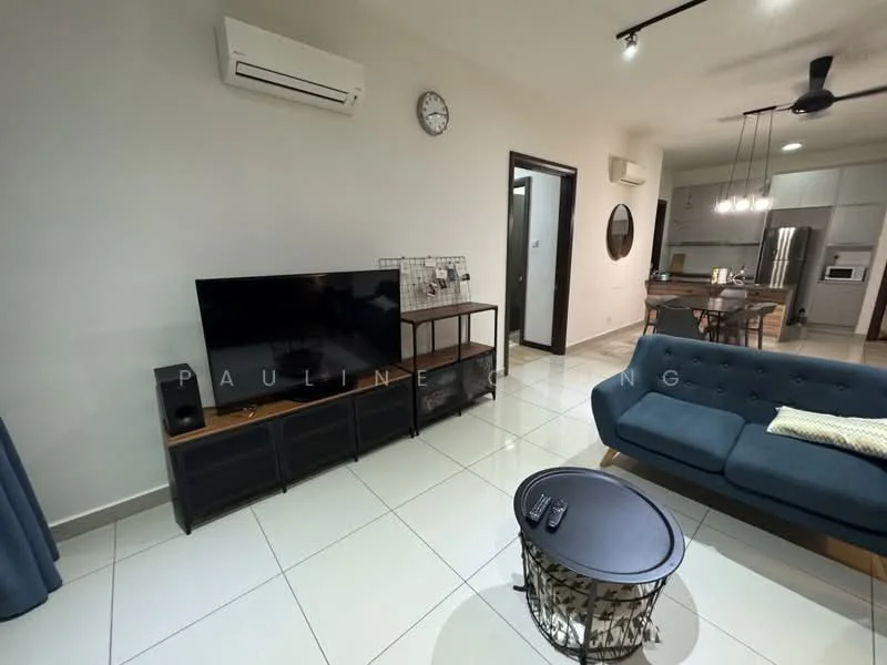 Living features: wall-mounted TV, 3-seater fabric sofa in blue, coffee table, wooden TV console, 1 wall-mounted split AC, recessed LED downlights, ceramic tile flooring, grey painted walls, decorative wall clock, open shelving unit; style: modern.
