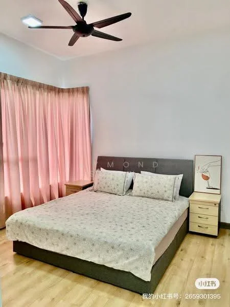 Bedroom features: king-size bed, upholstered headboard, bedside tables, pink sheer curtains, wooden flooring, ceiling fan, decorative artwork, light-colored bedding; style: modern.