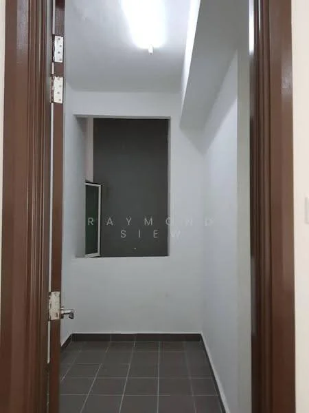 Room features: white painted walls, grey tiled flooring, single window, door with brown frame, fluorescent ceiling light.