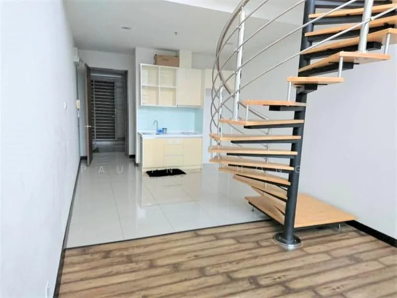 Room features: spiral staircase, white painted walls, tile flooring, wooden flooring, kitchen cabinetry, sink, countertop, open layout, natural light from windows; style: modern.