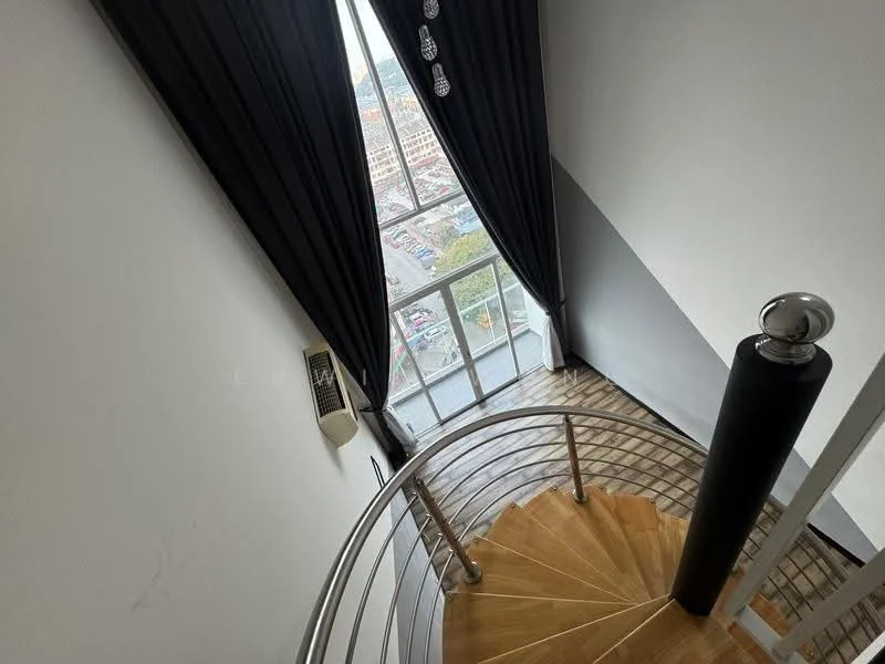 Room features: spiral staircase, wooden flooring, white painted walls, floor-to-ceiling windows, black curtains, wall-mounted split AC, metal railing; style: modern; view: city.
