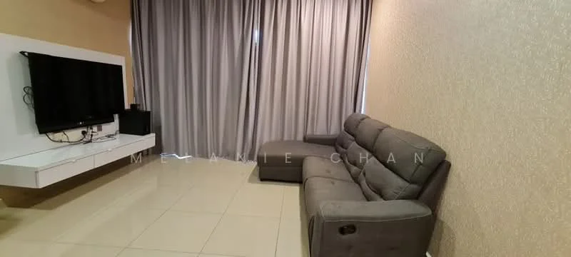 Living features: grey fabric sofa, wall-mounted TV, white TV console, cream painted walls, light-colored tile flooring, floor-to-ceiling curtains, recessed lighting, decorative wall pattern; style: modern.