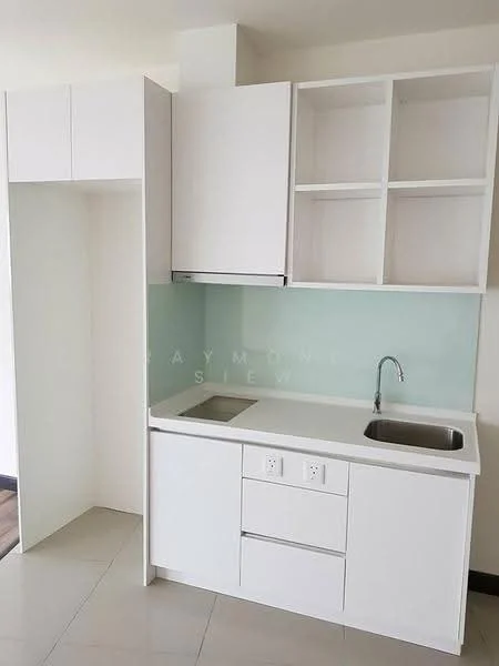 Kitchen features: white cabinetry, single-bowl stainless-steel sink, chrome pull-down faucet, white countertop, glass backsplash, built-in cabinets, open shelving, tile flooring; style: modern.