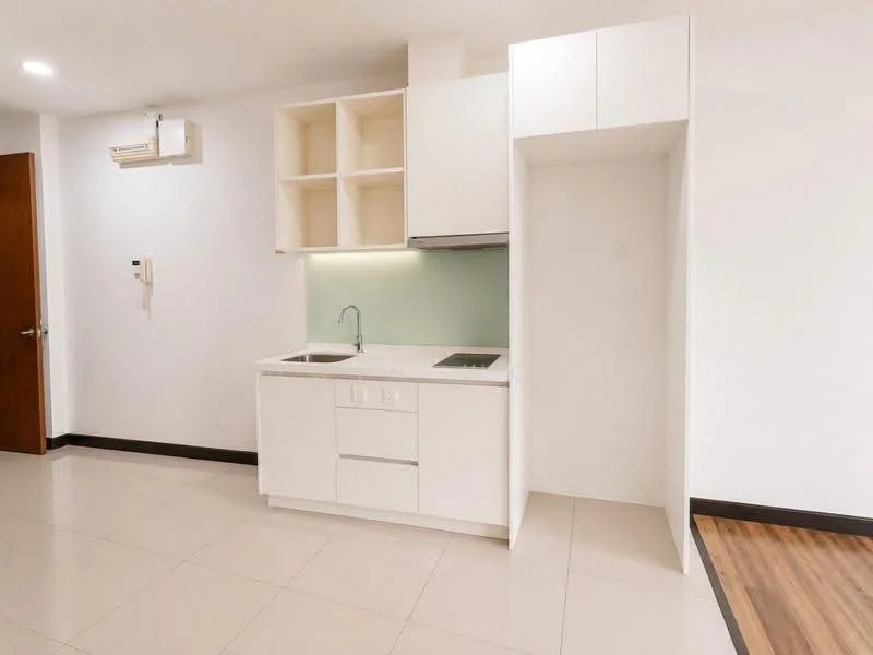 Kitchen features: white cabinetry, single-bowl stainless-steel sink, chrome pull-down faucet, white countertop, built-in stove, green backsplash, open shelving, tile flooring, wall-mounted split AC; style: modern.
