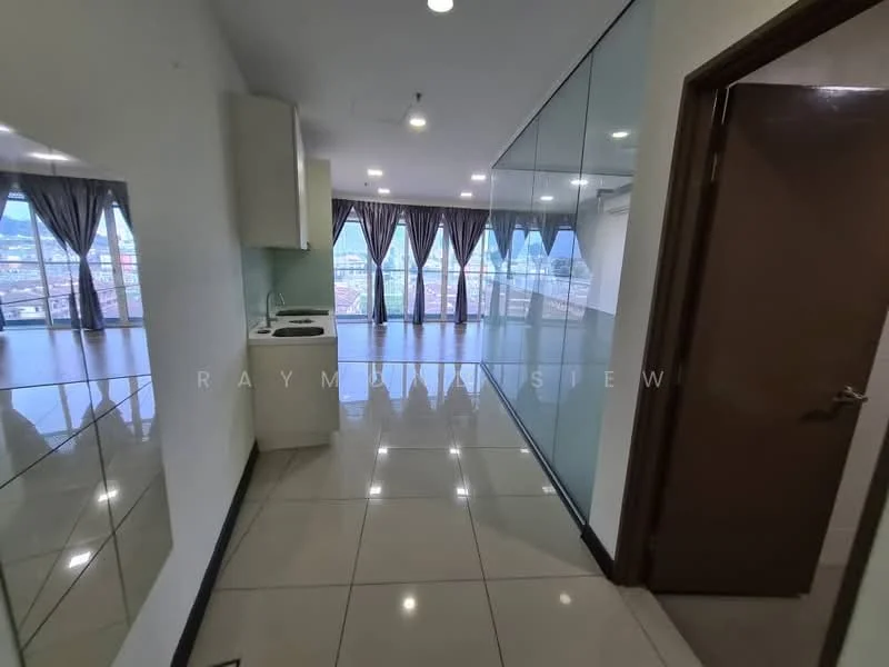 Room features: white painted walls, floor-to-ceiling windows, grey tiled flooring, curtains, kitchenette with sink, built-in cabinetry, recessed lighting, open layout; style: modern; view: city.