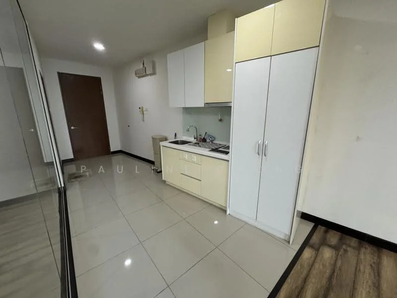 Kitchen features: white cabinetry with flat-panel doors, light-colored countertop, stainless-steel sink, single-bowl sink, built-in stove, exhaust hood, tile backsplash, ceramic tile flooring, recessed downlights, wall-mounted faucet, kitchen cabinet with sliding doors, utility area with plumbing, open shelving; style: modern.