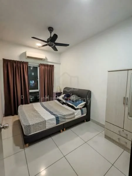 Bedroom features: queen-size bed, upholstered headboard, bedding with decorative pillows, 2 bedside lamps, built-in wardrobe, floor-to-ceiling window, dark brown curtains, ceiling fan, white painted walls, tile flooring, air conditioning unit; style: modern.