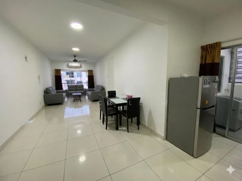 Living features: white painted walls, glossy tile flooring, 5-blade ceiling fan with light, sofa in grey fabric, coffee table, TV console, area rug, floor-to-ceiling windows with sheer curtains; style: modern; view: city. Dining features: 6-seater dining table, black dining chairs, open shelving, refrigerator in stainless steel; style: modern.