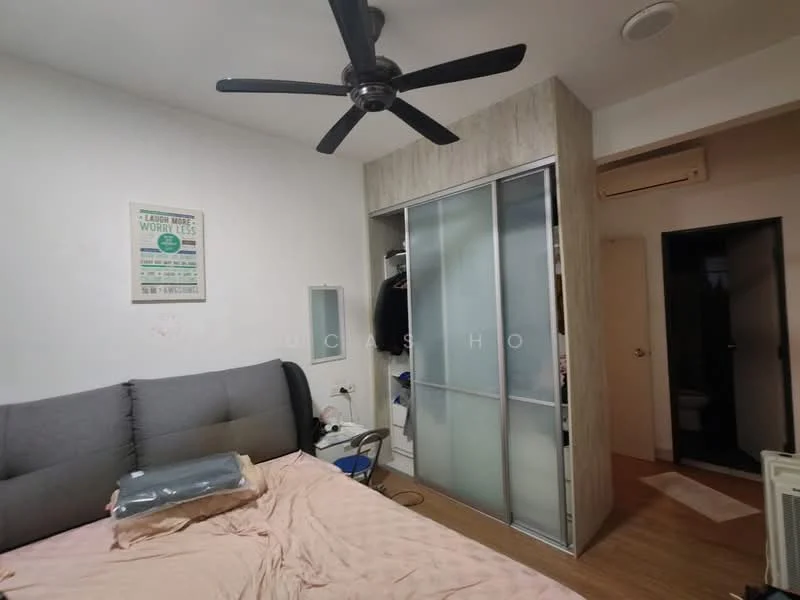 Bedroom features: queen-size bed with beige bedding, grey upholstered headboard, 3-blade ceiling fan, built-in wardrobe with sliding doors, wooden flooring, wall-mounted mirror, desk with chair, air conditioning unit, door leading to bathroom, light switch on wall; style: modern.