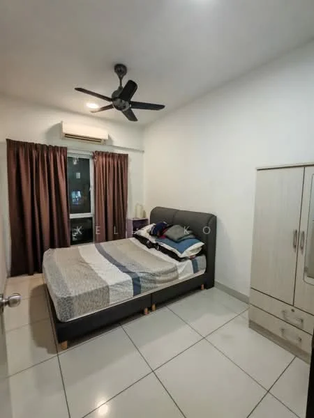 Bedroom features: queen-size bed, upholstered headboard, bedside pillows, ceiling fan, floor-to-ceiling window, brown curtains, light-colored wardrobe, tile flooring, wall-mounted air conditioning unit, decorative wall art; style: modern.