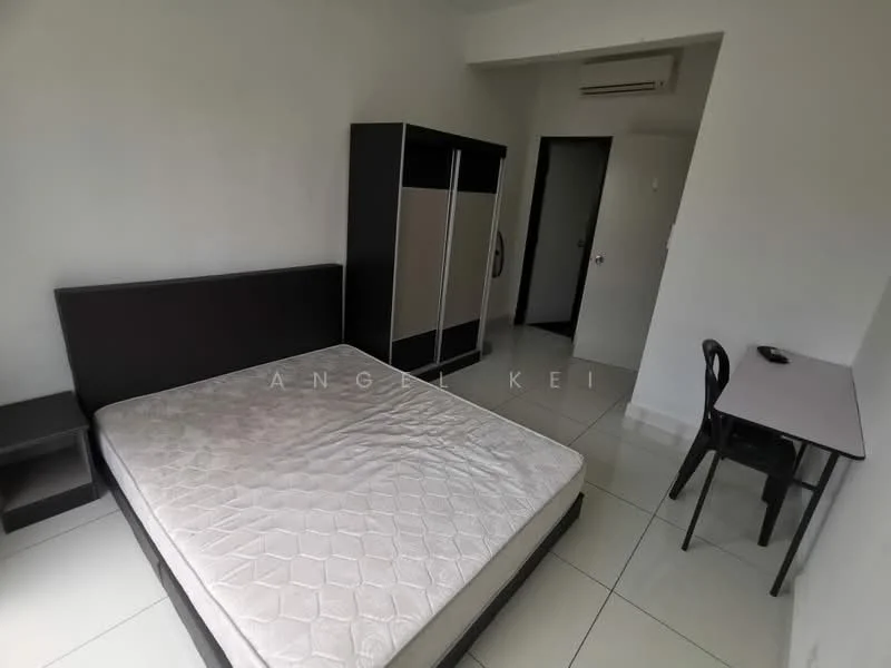 Bedroom features: queen-size bed with mattress, white painted walls, tile flooring, built-in wardrobe with sliding doors, study desk with chair, wall-mounted air conditioning unit, window with no visible treatment, nightstand; style: minimalist.