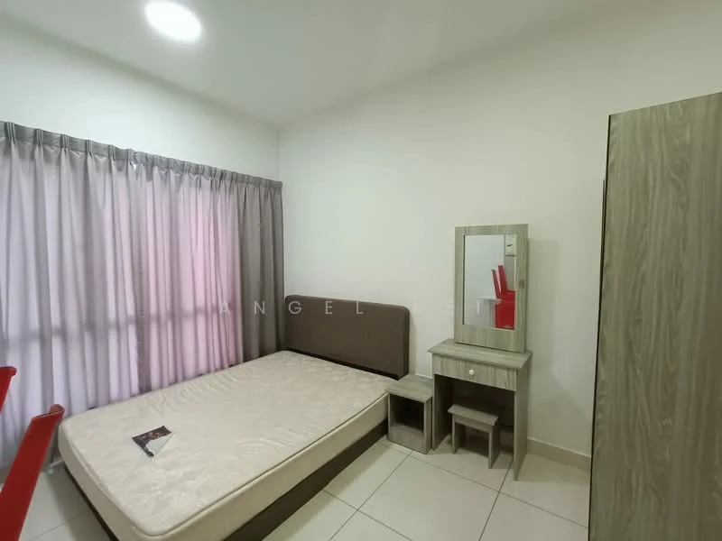 Bedroom features: queen-size bed base without mattress, light grey upholstered headboard, white painted walls, floor-to-ceiling windows with sheer curtains, tile flooring, wooden wardrobe with sliding doors, vanity table with mirror, small stool, decorative wall art, LED ceiling light; style: modern.