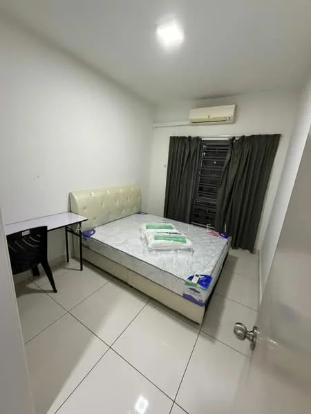 Bedroom features: queen-size bed with upholstered headboard, white bedding, black study desk, floor-to-ceiling window with grey curtains, white painted walls, glossy tile flooring, 1 wall-mounted split AC, light fixture in ceiling; style: modern.
