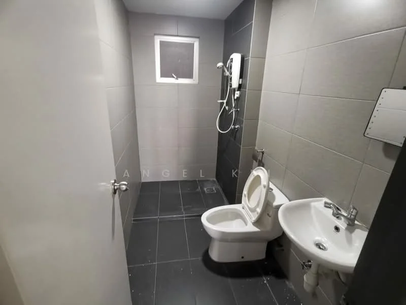 Bathroom features: grey tiled walls, black tiled flooring, white toilet, wall-mounted shower head, handheld shower, sink with chrome faucet, small window, mirror, toilet paper holder; style: modern.