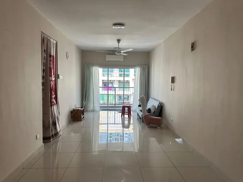 Living features: white painted walls, glossy tile flooring, 5-blade ceiling fan with light, floor-to-ceiling windows, sliding glass door, sheer curtains, sofa, small wooden side table, red plastic chair; style: modern; view: city.