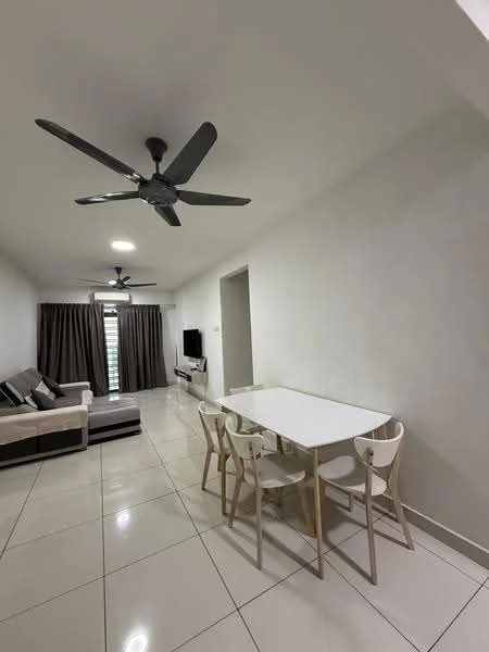 Living features: white painted walls, glossy ceramic tile flooring, 5-blade ceiling fan in black, sofa in light grey, coffee table, TV console, wall-mounted TV, dining table with white surface, 4 wooden dining chairs, curtains in dark grey; style: modern.