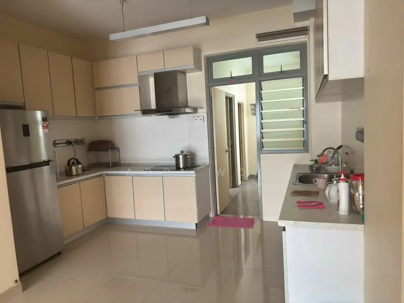 Kitchen features: light wood cabinetry, stainless-steel fridge, stainless-steel range hood, built-in gas stove, white tiled backsplash, white countertop, double-bowl stainless-steel sink, kettle on countertop, cooking pot on stove, pink mat on floor, wall-mounted shelves, floor-to-ceiling cabinets, open layout to hallway; style: modern.