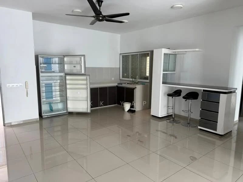 Kitchen features: white painted walls, glossy tile flooring, ceiling fan, stainless-steel fridge, built-in cabinets with glass doors, countertop with bar seating, sink with faucet, kitchen island, open layout; style: modern.
