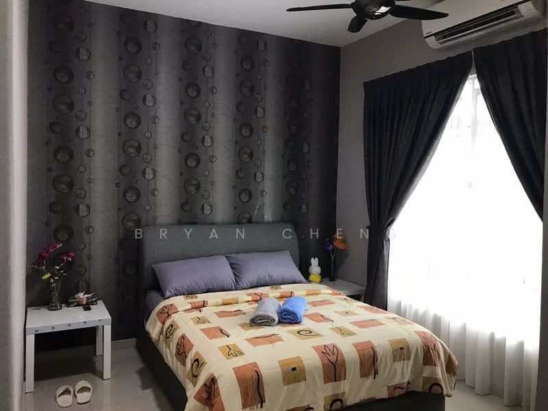 Bedroom features: grey upholstered headboard, queen-size bed with patterned bedding, 2 bedside pillows, decorative throw blanket, white side table, table lamp on side table, floor-to-ceiling windows with sheer curtains, dark curtains, ceiling fan, wall-mounted air conditioning unit, wall with patterned wallpaper, wooden flooring, decorative flower vase, stuffed toy on side table; style: modern.