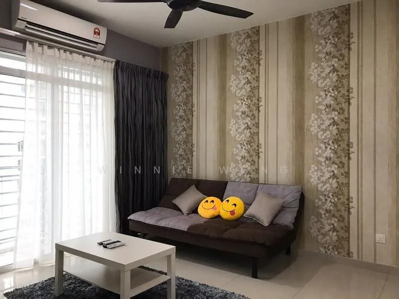 Living features: 3-seater fabric sofa in brown, coffee table, floor-to-ceiling windows, sheer curtains, dark grey curtains, decorative wall with floral pattern, plain grey wall, ceiling fan, LED lighting, area rug; style: modern.