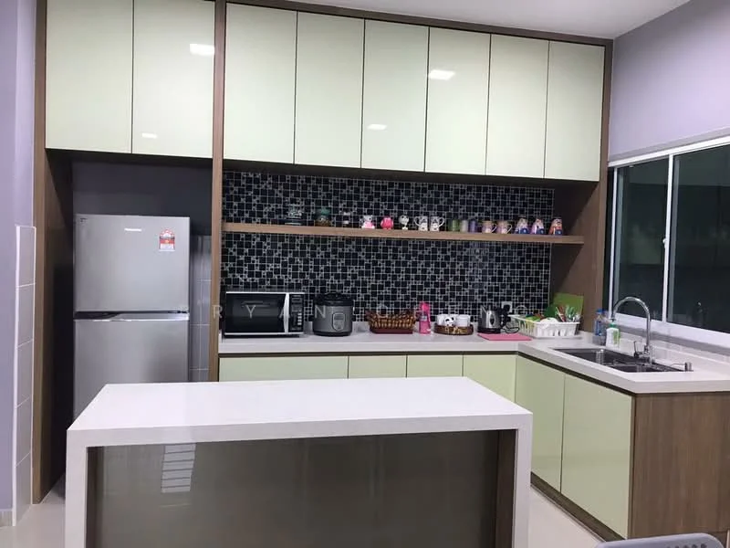 Kitchen features: green cabinetry with flat-panel design, white countertop, stainless-steel fridge, built-in microwave, black mosaic tile backsplash, double-bowl stainless-steel sink, chrome pull-down faucet, open shelving with decorative items, window with view to the outside, under-cabinet lighting; style: modern.