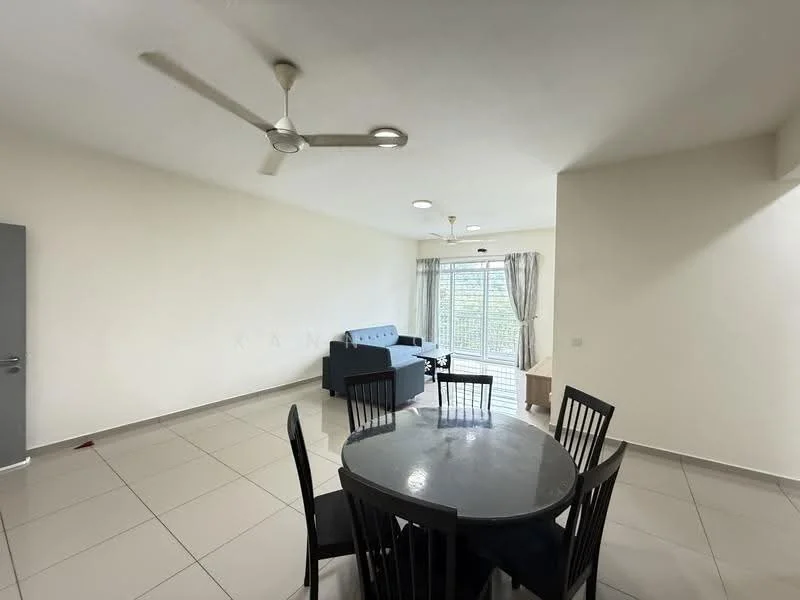 Living features: grey fabric sofa, round dining table, black dining chairs, ceiling fan, large windows, curtains, tile flooring, white painted walls, light fixtures; style: modern; view: garden.