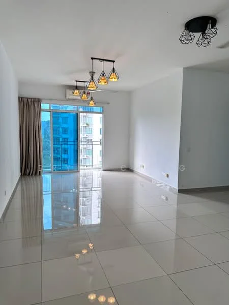 Living features: white painted walls, glossy ceramic tile flooring, recessed downlights, hanging pendant lights, floor-to-ceiling windows, curtains, air conditioning unit, open layout; style: modern; view: city.