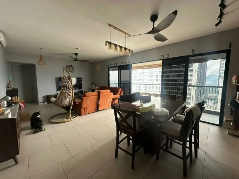 Living features: 5-blade ceiling fan, sofa in orange, hanging rattan chair, TV console, wall-mounted TV, coffee table, area rug, floor-to-ceiling windows, sliding glass door, dining table with chairs, decorative pendant lighting, light-colored walls, tile flooring; style: modern; view: city.
