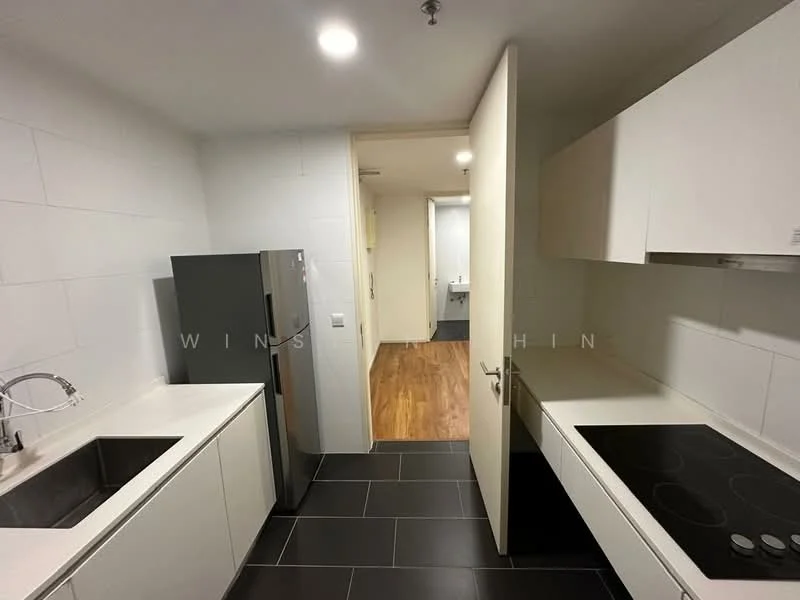 Kitchen features: single-bowl stainless-steel sink, chrome pull-down faucet, white laminate cabinetry, white countertop, built-in electric cooktop, stainless-steel fridge, grey tiled flooring, white tiled walls, recessed downlights; style: modern.