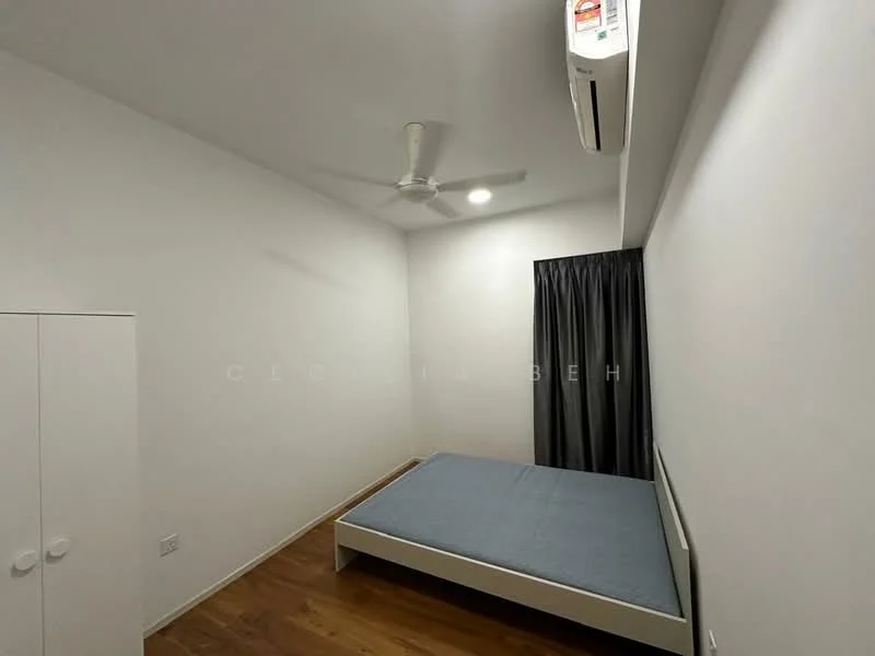 Bedroom features: wooden flooring, white painted walls, ceiling fan, recessed downlights, window with blackout curtains, double bed frame without mattress, built-in wardrobe with sliding doors, air conditioning unit; style: modern.