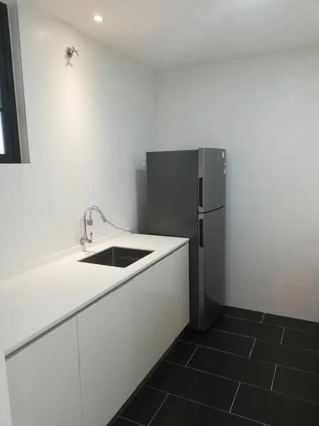 Kitchen features: single-bowl stainless-steel sink, chrome pull-down faucet, white laminate cabinetry, white countertop, grey refrigerator, black tile flooring, recessed downlights, window with black frame; style: modern.