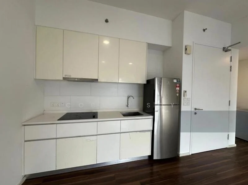 Kitchen features: white flat-panel cabinets, stainless-steel fridge, single-bowl stainless-steel sink, chrome pull-down faucet, white countertop, built-in electric cooktop, white tiled backsplash, wooden flooring, recessed downlights; style: modern.