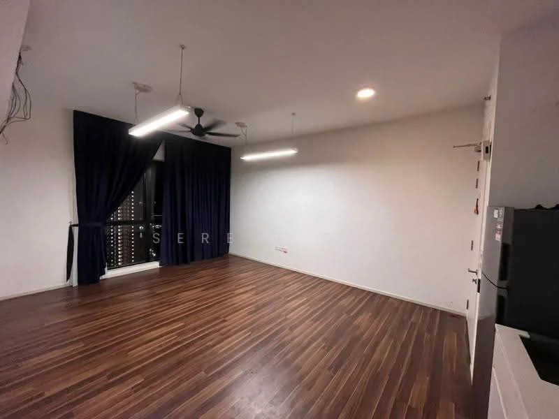 Living features: dark wood flooring, white painted walls, ceiling fan, recessed LED downlights, floor-to-ceiling windows, blackout curtains, open layout, exposed electrical wiring, light fixtures, window with city view; style: modern; view: city.