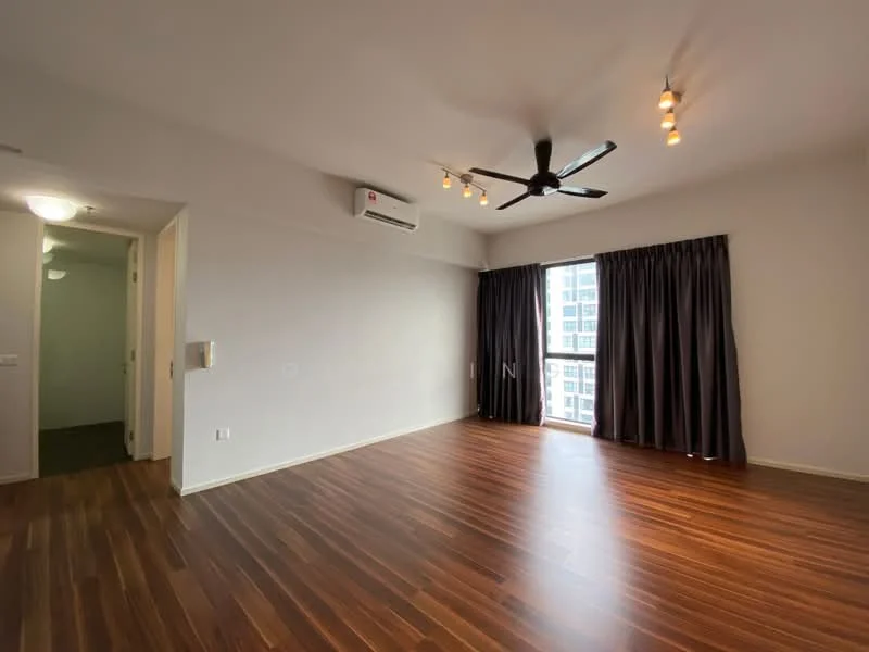 Living features: dark wood flooring, white painted walls, 5-blade ceiling fan with light, recessed downlights, floor-to-ceiling windows, blackout curtains, air conditioning unit, open layout; style: modern; view: city.