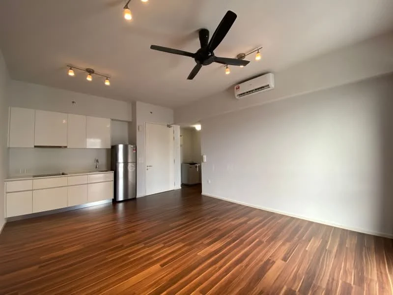 Living features: wooden flooring, white painted walls, recessed downlights, 5-blade ceiling fan, wall-mounted split AC, kitchenette with white cabinetry, stainless-steel fridge, single-bowl stainless-steel sink, chrome pull-down faucet, open layout, doorway leading to another room; style: modern.