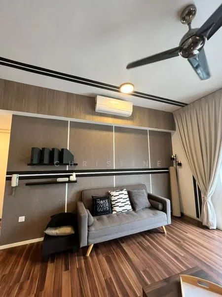 Living features: grey fabric sofa, black and white decorative pillows, wooden flooring, wall-mounted air conditioning unit, 5-blade ceiling fan with light, feature wall with horizontal paneling, curtains, wall-mounted shelves; style: modern.