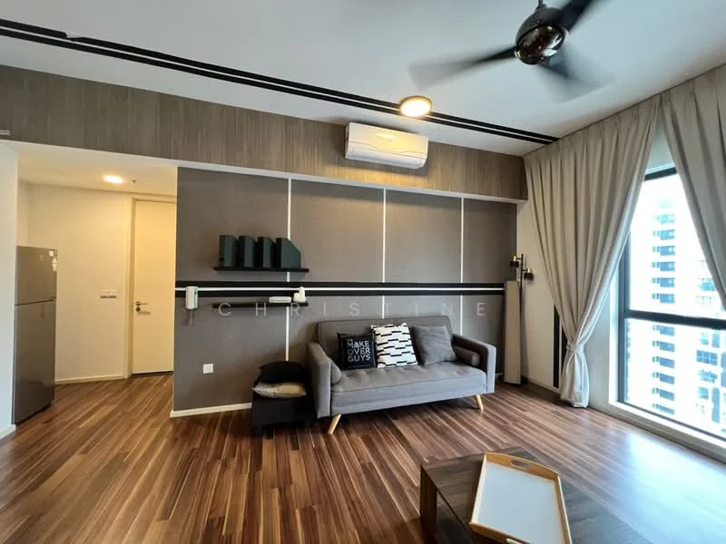 Living features: grey fabric sofa, wooden coffee table, floor-to-ceiling windows, curtains, wooden flooring, wall-mounted air conditioning unit, decorative wall shelves, framed artwork, LED ceiling lights, black accent wall, light wood paneling, decorative cushions; style: modern; view: city.