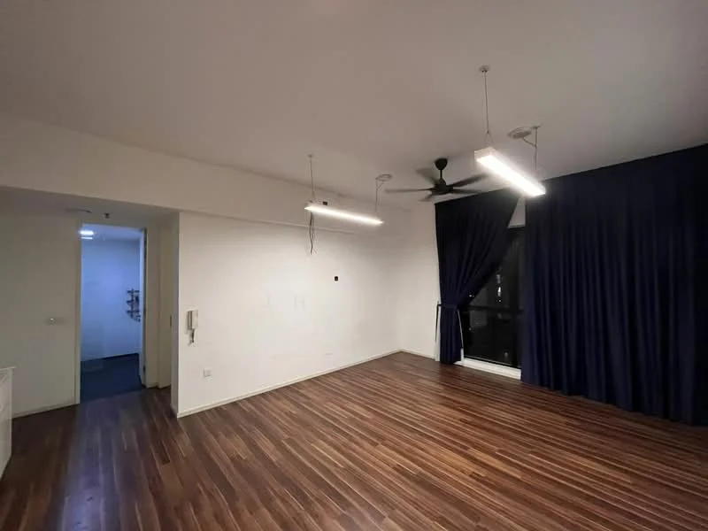 Living features: wooden flooring, white painted walls, 5-blade ceiling fan with light, recessed LED downlights, floor-to-ceiling windows, dark blue curtains, open layout, two pendant lights; style: modern.