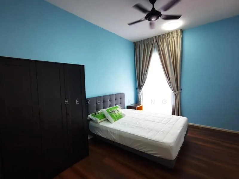 Bedroom features: queen-size bed, upholstered headboard, 2 green decorative pillows, built-in wardrobe with dark wood finish, floor-to-ceiling window, sheer curtains, 5-blade ceiling fan, wooden flooring, blue painted walls; style: modern.
