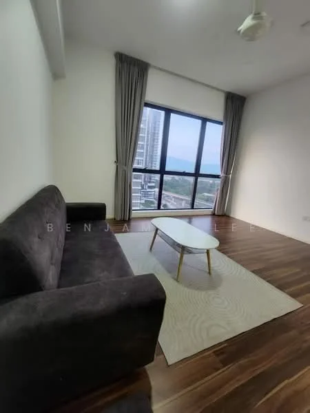 Living features: 3-seater fabric sofa in dark grey, coffee table with white top and gold legs, area rug with geometric pattern, floor-to-ceiling windows, curtains in light grey, wooden flooring, ceiling fan; style: modern; view: sea.