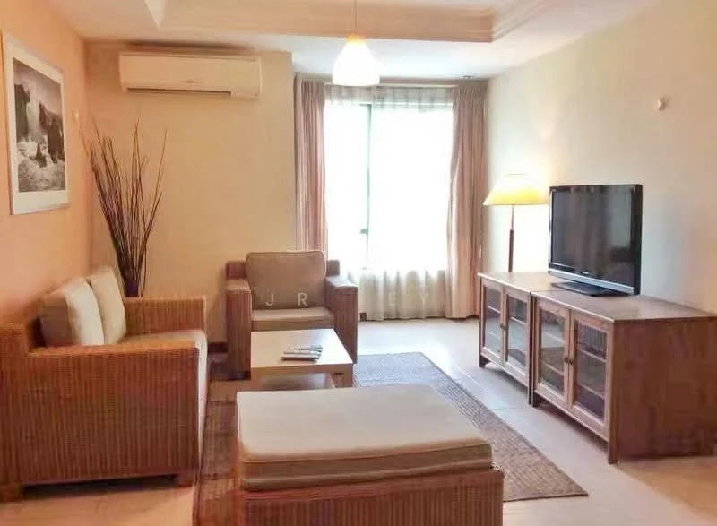 Living features: 2-seater rattan sofa, 1-seater rattan chair, coffee table with white top, TV console with glass doors, wall-mounted flat-screen TV, area rug, floor-to-ceiling window, curtains, air conditioning unit, ceiling light fixture, decorative plant, light-colored walls, tile flooring; style: modern.