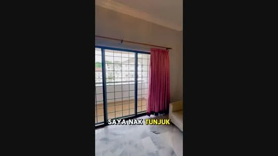 Room features: grey painted walls, white ceiling, floor-to-ceiling windows, sliding glass door, pink curtains, marble flooring, sofa, decorative wall, balcony view.