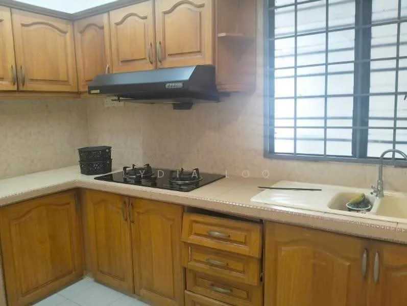 Kitchen features: wooden cabinetry, cream countertop, stainless-steel sink, chrome faucet, built-in gas hob, extraction hood, tile backsplash, white tiled flooring, window with black grille, basket for storage; style: traditional.