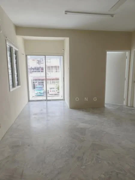 Room features: white painted walls, marble flooring, floor-to-ceiling windows, sliding glass door, natural light from windows, neutral color scheme, simple ceiling lights, open layout; style: minimalist; view: city.