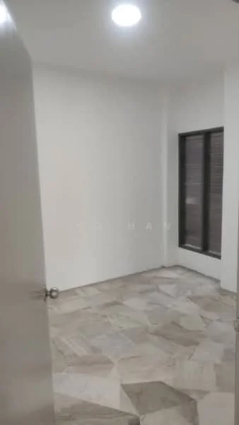 Room features: white painted walls, marble tile flooring, single window, recessed ceiling light.