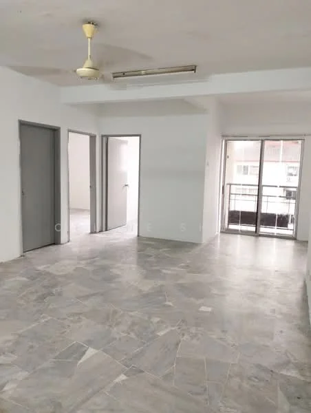 Room features: white painted walls, marble flooring, ceiling fan, sliding glass door, floor-to-ceiling windows, multiple doorways, natural light, open layout; style: modern.