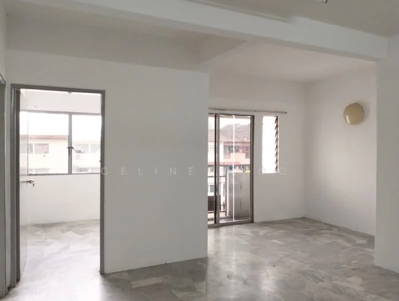 Room features: white painted walls, marble flooring, floor-to-ceiling windows, sliding glass door, natural light, open layout, ceiling with no visible fixtures, neutral color scheme; style: modern; view: city.