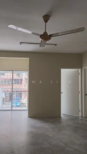 Room features: concrete flooring, white painted walls, 5-blade ceiling fan, floor-to-ceiling windows, sliding door, natural light from windows, neutral color palette, door leading to another room; style: minimalist; view: city.