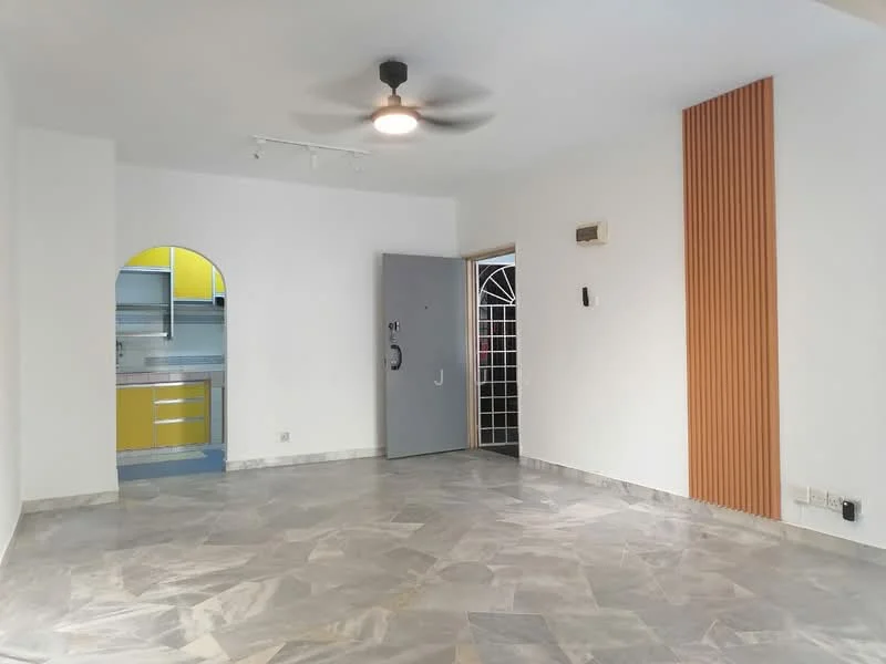 Living features: marble flooring, white painted walls, ceiling fan, arched doorway leading to kitchen, grey door, decorative wooden wall paneling, recessed lighting, large window with grid pattern; style: modern. Kitchen features: yellow cabinetry, stainless-steel sink, countertop, kitchen appliances visible, open layout to living area; style: modern.